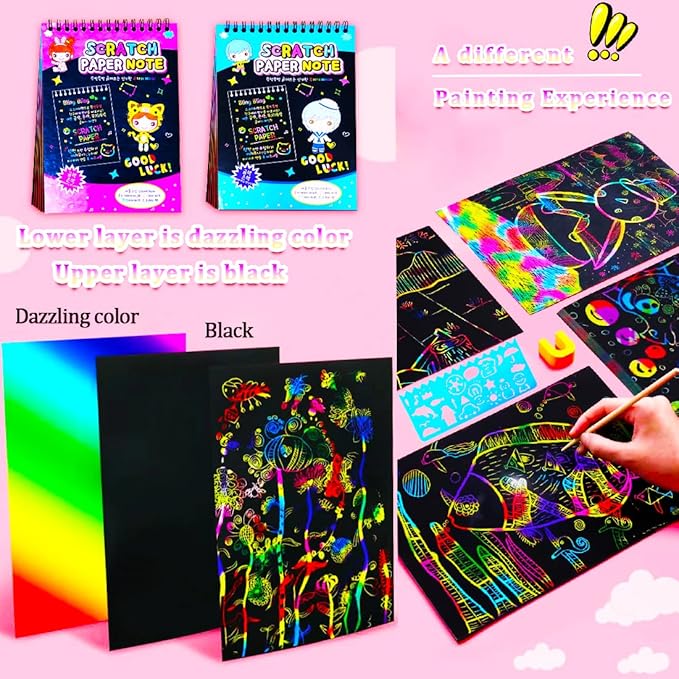 JUNQIU Scratch Paper Art for Kids, 2 Pack Bulk Rainbow Scratch Paper Crafts Toys for 3 4 5 6 7 8 9 10 Years Old Girls Kids Birthday Gifts