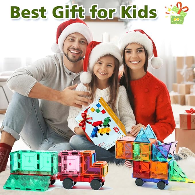 Magnetic Tiles Cars Construction Set, 4 PCS Magnet Cars Magnetic Building Blocks Toy for Kids Ages 4-8 3-5 Magnet Bricks Truck Kit Educational Sensory Toys Gifts for 3+ Year Old Boys & Girls Christmas