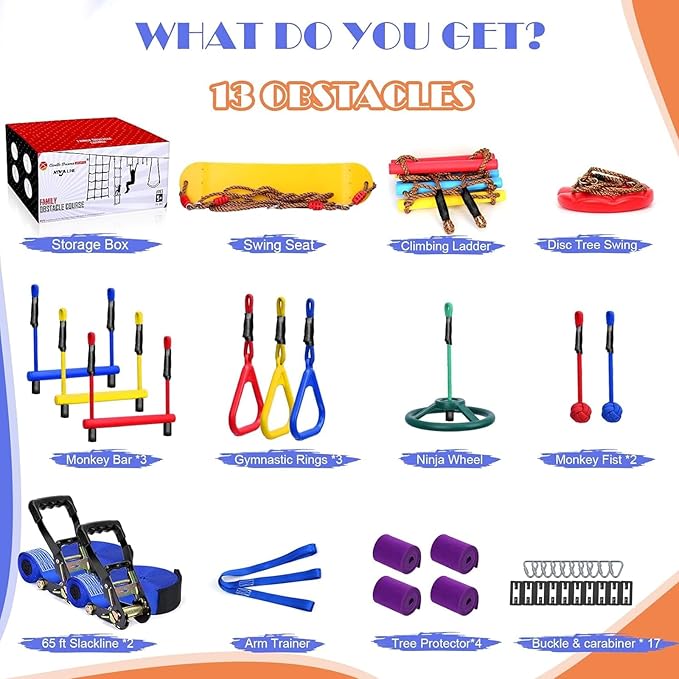 Ninja Warrior Obstacle Course for Kids Backyard-65ft Slackline Kit with 13 Obstacles, Upgraded Quick-Install Buckles No Threading, Install Anywhere, 900lbs Capacity, Easy Setup Backyard Playground Set