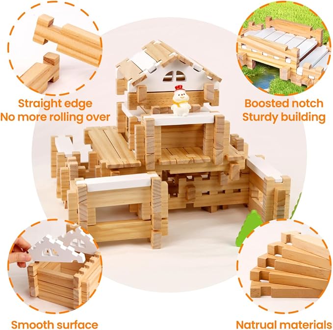 Jovi-mindly＆Notchies 96 PCS Wooden Blocks Wooden Toys with Storage Bag, Preschool Learning Toys Wood Blocks Building for Kids Ages 4-8 Creative Construction Game,FSC Certified,Easter Toys Gifts