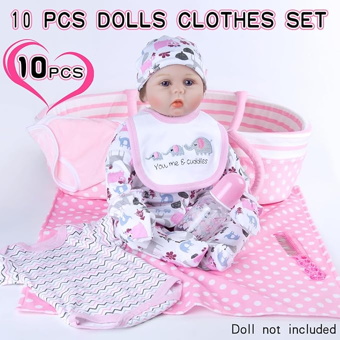 10Pcs Reborn Baby Doll Clothes with Bassinet Blanket Diaper fit 17-22 inch Reborn Dolls Cute Pink Baby Doll Clothes and Accessories Set Newest Design Christmas Gift