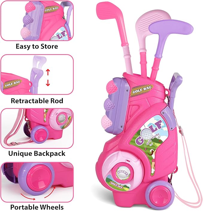Toddler Golf Set for Girls Boys 1 2 3 4 Years Old, Upgraded Kids Golf Cart with 3 Clubs & 8 Balls, Outdoor Indoor Sports Toys Birthday Gift, Pink