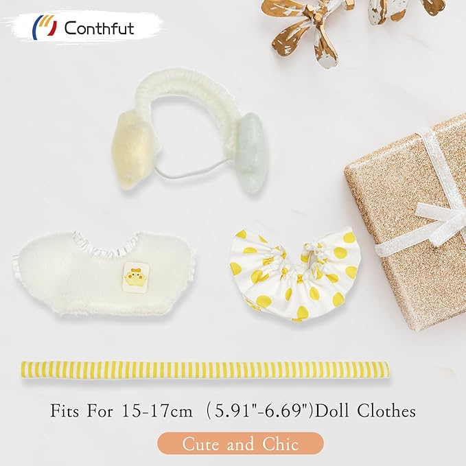 17cm Doll Clothes, Clothes for Dolls Outfit, Accessories for Dolls Clothes, Cute Clothes Set for Doll,No Doll Included (Yellow Top+Dress+Scarf+Earmuffs)