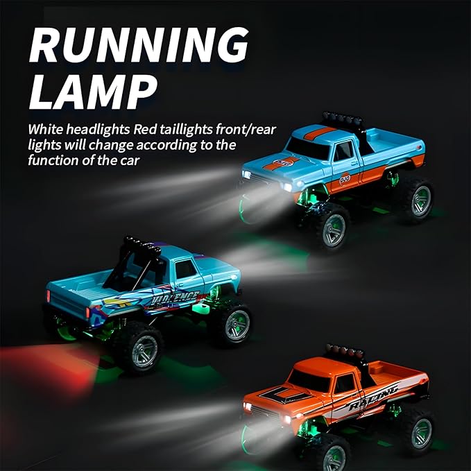 Mini Monster Truck, 1:64 Scale Remote Control Car with Lights, 2.4GHz Off-Road RC Truck, USB Rechargeable RC Car with Adjustable Speed for Kids Indoor & Outdoor Racing (Pink)