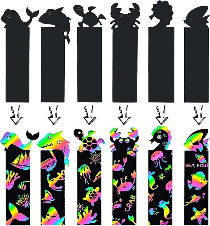 60PCS 6Style Scratch Paper Art Bookmarks Magic Scratch Rainbow Bookmarks Making Kit DIY Bookmarks Bulk with Scratching Tools Ribbons for Party Favors Activities
