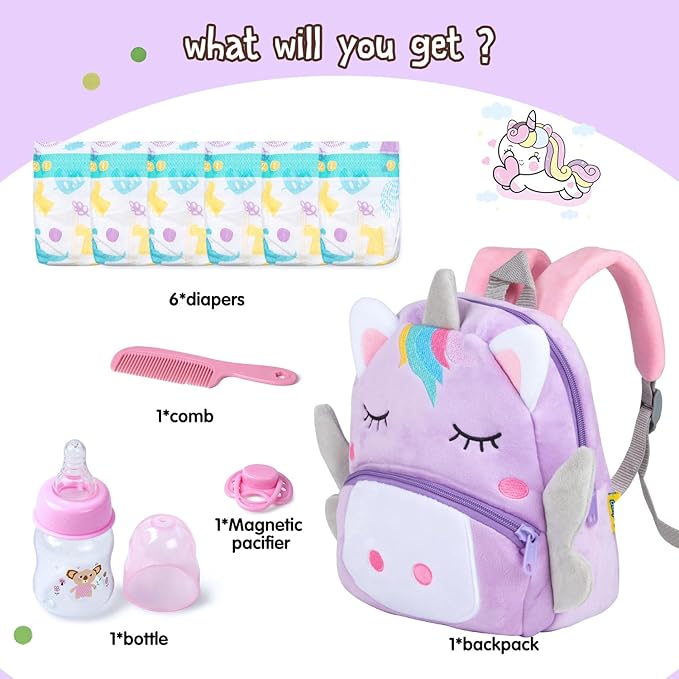 10 Pcs Reborn Baby Doll Diaper Bag Care and Feeding Set for 17-24 inches Reborn Dolls Newborn Baby Accessories with Unicorn Backpack Diapers Pacifier Bottle Comb