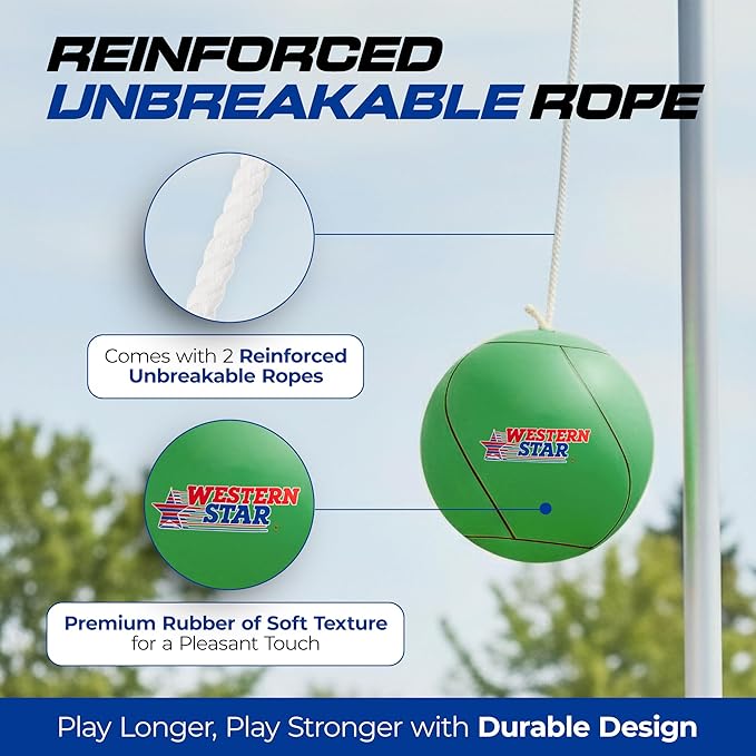 Western Star Tetherball Game Set - Soft-Touch Tether Ball with 2 Reinforced Attached Ropes - Outdoor - 4 Colors - Classic Family Game