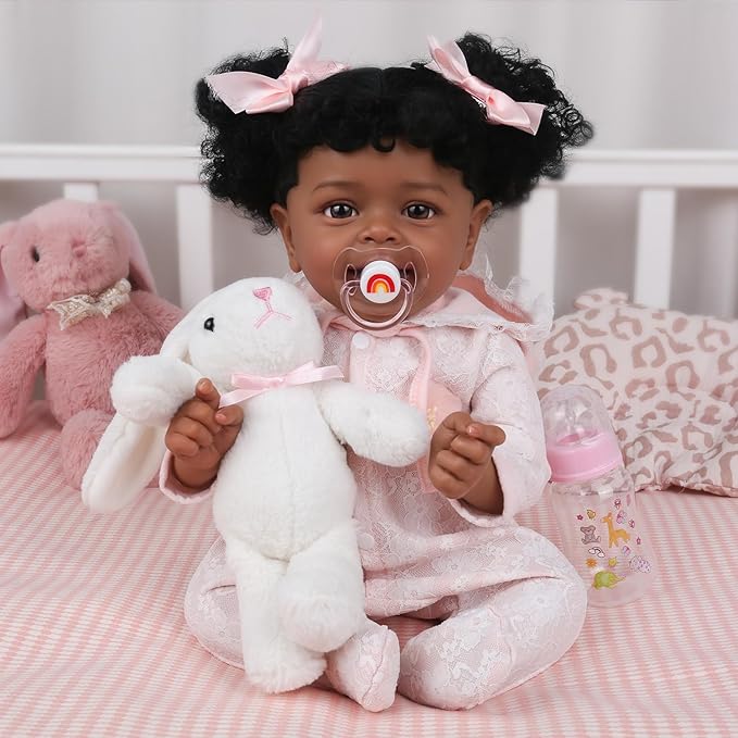 KSBD Realistic Reborn Baby Doll Black Girl - 18 Inch African American Newborn Toddler Real Life Lifelike Handmade Baby with Hair, Soft Weighted Body, Accessories, Cuddly, Gift Box for Kids Age 3+