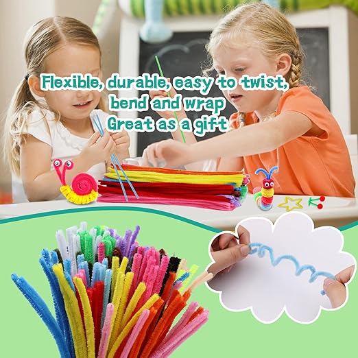 Zlulary 200 Pcs Pipe Cleaners Craft, Pipe Cleaners Chenille Stem, Pipe Cleaners for Crafts, Pipe Cleaners Craft Supplies with Instructions, Pom Poms, Pipe Cleaner Art Kits