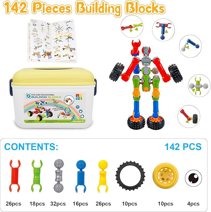 Building Blocks STEM Toys for 3 4 5 6 7 8+ Year Old Boy Girl Birthday Gift, 142 Pcs Building Toys for Preschool Classroom Educational Toy Building Sets Creative Activities for Kids