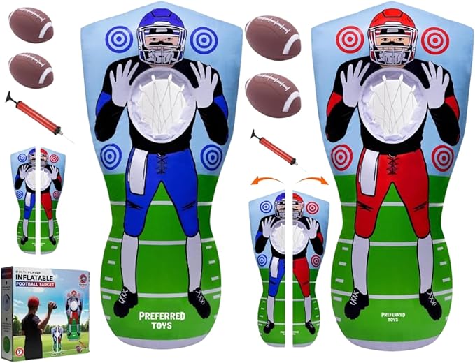65” Inflatable Football Target Net Toss Game - Double-Sided Throwing Practice Football Stuff with Mini Balls - Backyard Tailgate Party Sports Toy for Kids & Adults