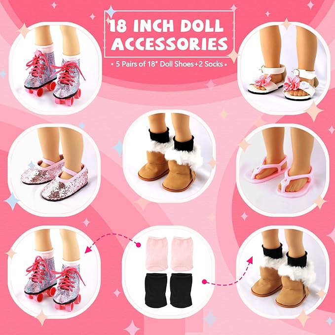 18 inch Doll Accessories, 5 Pairs of Doll Shoes+2 Socks 18” Doll Shoes Includes Snow Boots/Roller Skates/Sandals/Flip-Flops/Dance Shoes/Pink/Black Socks for American Doll Boy or Girl Dolls
