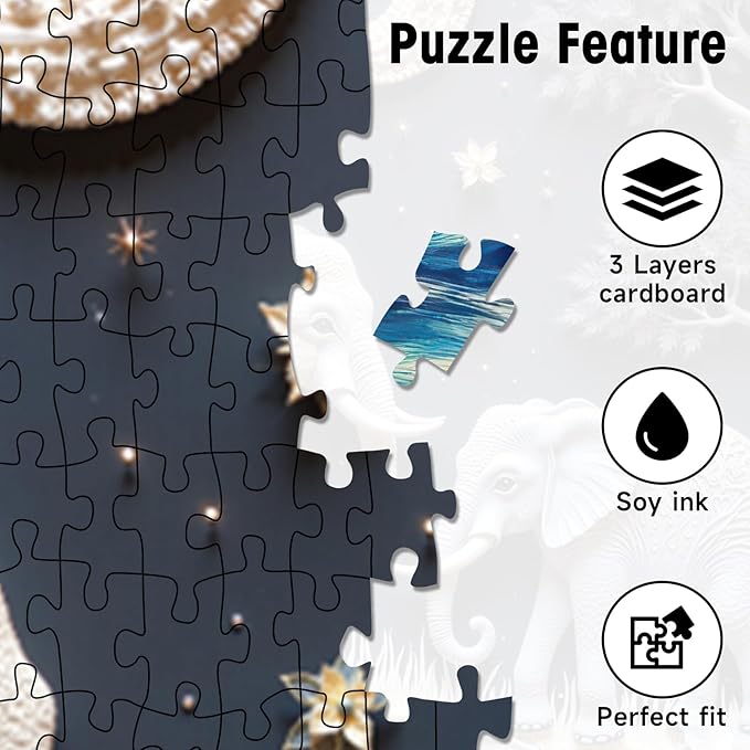 1000 Piece Jigsaw Puzzle for Adults, 3D Elephants and Calves in the Magical Forest, Moon and Stars Nature Scene, 22.8x22.8 Inch Premium Puzzle, Precision Cut for Relaxation & Home Décor