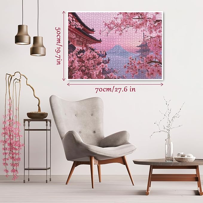 Flower Japan Landscape Puzzle for Adults 1000 Pieces, Challenging Cherry Blossom Jigsaw Puzzle, Beautiful Floral Mountain Pink Asian Japanese Puzzle