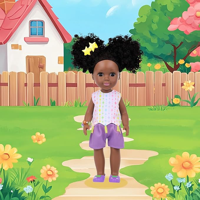 Ecore Fun 14.5 Inch Black Baby Doll, 12 Pcs Black Doll Clothes and Accessories, African Washable Realistic Silicone Girl Dolls Include Doll Clothes Shoes Phone Glasses Camera Hairpin Bracelet Stickers