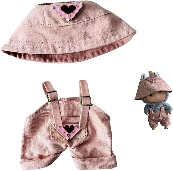 Clothes for 6.7" / 17cm Doll – Premium LABUBU Pink Overalls Outfit with Miniature Accessories (Doll Not Included)