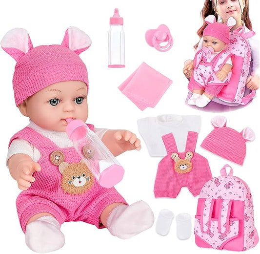 12" Baby Doll With Bear Pattern Backpack Carrier In Gift Box,12 Inch Realistic Baby Dolls With Clothes And Accessories Hanky Pacifier Bottle Pretend Baby Care Toy Collection For Child Toddler 3+ Gifts