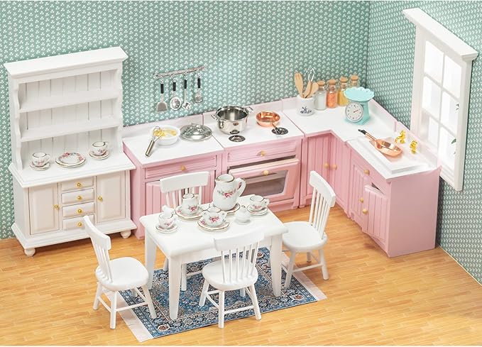 SAMCAMI Miniature Dollhouse Furniture 1 12 Scale - Doll House Furniture Toys for Dollhouse Kitchen - Wooden Dollhouse Furniture Set Incl Dining Table with Chairs, Tea Set, Carpet (White)