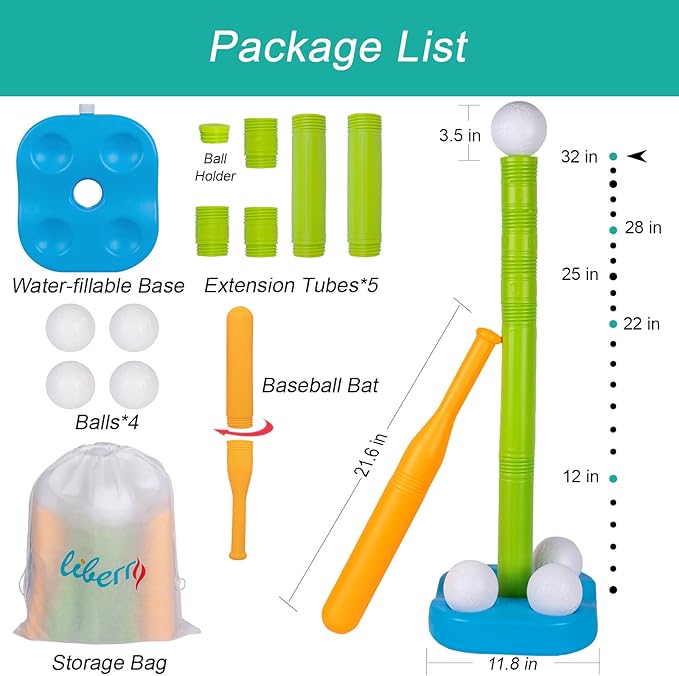 Liberry Tball Set for Toddlers with Adjustable Height Tee Ball Stand, Weighted Base and Kids Baseball Bat, Sports Game Toys Birthday Gift for Boys Girls Ages 3 4 5 (Green)