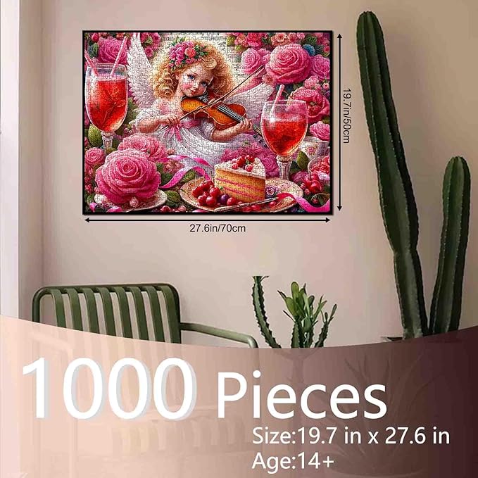 Angel Girl with Wings Puzzle 1000 Piece Jigsaw Puzzle for Adults– Pink Roses Art Puzzle DIY Crafts Puzzles for Valentine's Day Gift，Challenging Puzzle Perfect for Game Nights(27"x20")