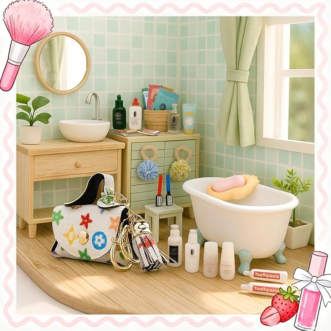 72Pcs Dollhouse Mini Jewelry Storage Case Handbag Towel Cosmetic Set Bathroom Acessories Toothbrush Shampoo Perfume Hair Dryer Comb Purse Decor DIY Doll Backpack Girl Micro Scene