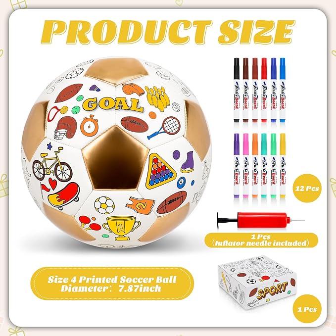 Size 4 Color Your Own Soccer Ball Gold DIY Custom Craft Kit with Pump 12 Markers Personalized Youth Toddler Training Paint Your Own Toy Creative Gift for Kids (Gold Soccer Ball, 4)