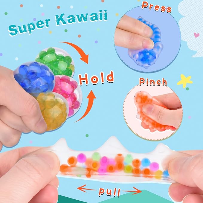 48 Pcs Mochi Squishy Toys with Water Beads for Kids Party Favors, Mini Stress Relief Squishy Fidget Toys for Classroom Prizes Christmas Party Favors Goodie Bag Stuffers Birthday Gift with Stickers