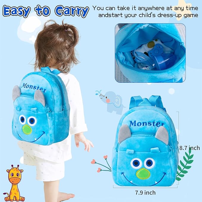 PEDOLLTREE 8 Pcs Reborn Baby Dolls Clothes Boy Accessories Outfit for 18-22 Inch Newborn Baby Reborn Dolls Clothes with Blue Monster Backpack