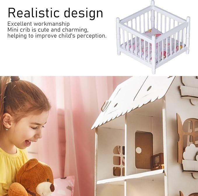 1:12 Scale Wooden Doll House Baby Bed DIY Miniature Doll House Mini Furniture Accessories with Mattress Square Bed White Children's Day Gift