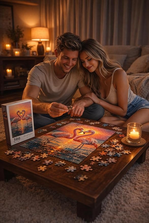 Flamingo Puzzles for Adults 300 Pieces, Jigsaw Puzzle with Flamingo Heart at Sunset, Art Challenging Animal Puzzle for Girlfriend, Valentine's Day, Vacation, Leisure Time, Beach, Wall Decor