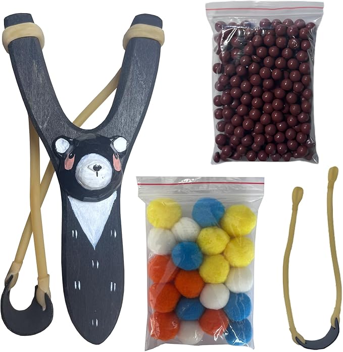 LINJAY Handmade Solid Wood Slingshot with Custom Engraving, Includes Clay Balls & Pompoms - Target Shooting & Outdoor Activity Toy for Kids & Adults, Ideal Children's Gift