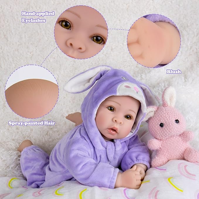 Aori Real Baby Dolls - 17 Inch Realistic Baby Doll with Soft Body & Purple Bunny Outfits for Girls 3+ Pretend Play, Dress Up, Nursery Decor