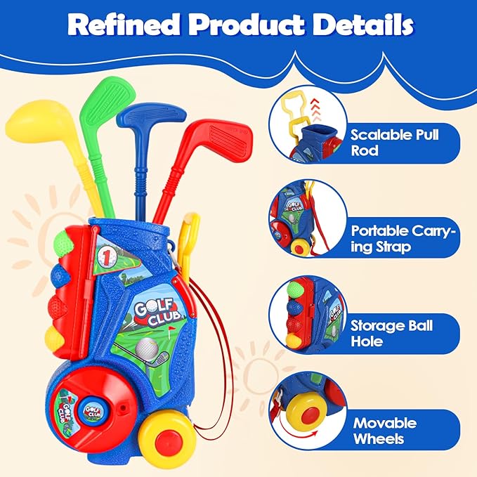 SUPER JOY Toddler Golf Set, Kids Golf Cart with 4 Clubs & 8 Balls, Indoor Outdoor Kid Golf Clubs for 3-5 Boys Girls, Mini Golf Birthday Gifts for Baby 3-5 Years Old