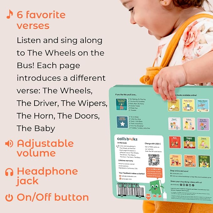 Calis Books The Wheels on the Bus Book - Rechargeable Musical Book, Headphone Jack, Books for 1 Year Old, Musical Book for Toddlers 1-3, Musical Toy Toddlers