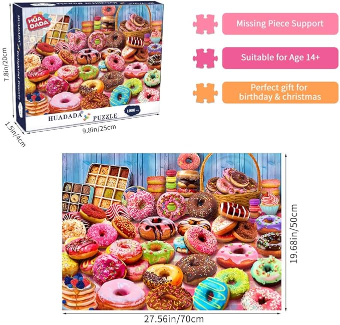 HUADADA Jigsaw Puzzles for Adults 1000 Pieces, Donuts Interlock Perfectly Letter on Back No Dust, Home Decor Birthday Party Gift Toy for Men Women Olders Seniors (27.5"x19.6"), 1:1 Poster