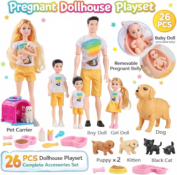 Family Doll Playset for Kids with Pregnant Mom Doll, Dad, Kids, Dollhouse Pets & Accessories – Pretend Play Toy Set for Boys & Girls, Interactive Family Storytelling Imagination Gift