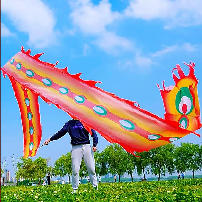 Square Exercise Dance Outdoor Flinging Fitness Dragon POI Wu Long 3D Real-Like Dragon Ribbon Streamer Set (26.2ft, Fire Phoenix)