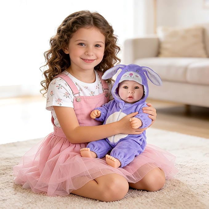 Aori Real Baby Dolls - 17 Inch Realistic Baby Doll with Soft Body & Purple Bunny Outfits for Girls 3+ Pretend Play, Dress Up, Nursery Decor