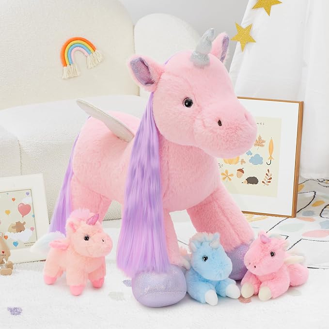 Tezituor Pink Unicorn Stuffed Animal with Hair & Wings,Unicorn Plush Toys for Girls Kids with 3 Babies Inside, Unicorns Plushie,Rainbow Unicorn Stuffy for Birthday, Easter, Valentines Day Gifts