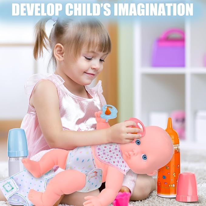 10 Pcs Baby Doll Accessories Set Pretend Feeding and Caring Play Toy Set with Magic Disappearing Milk and Juice Bottles, Pacifier, Bibs, Diapers Baby Doll Stuff for Kids Girls Birthday Party Gifts
