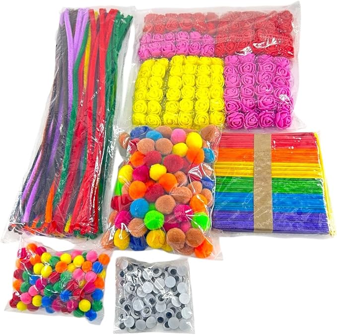 Craft Kids Art Supply Set, with Foam Pom Poms, Craft Sticks, Artificial Roses, Googly Eyes, Rainbow Colors, Perfect for Children Activities and DIY Projects