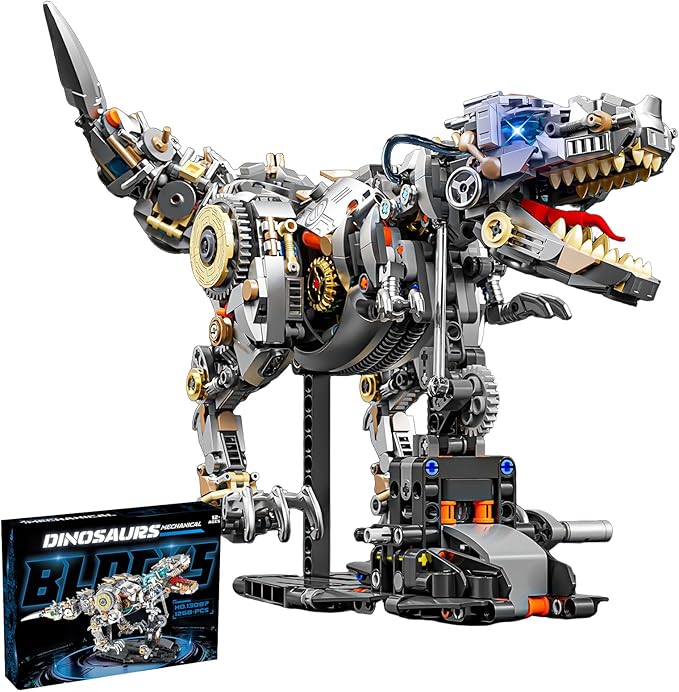 Mechanical Tyrannosaurus Building Blocks Set with LED Light & Display Stand, 1268 PCS T-Rex Dinosaur Model Kit, Home Decor & Collectible Gift for Adults, Teens.