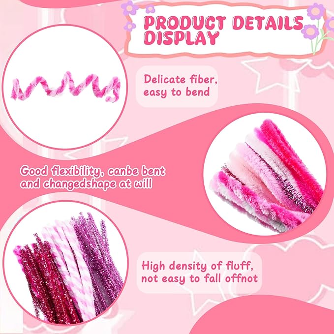 X Hot Popcorn 721 Pcs Pipe Cleaners Pink Pipe Cleaners Craft Chenille Stems Craft Supplies for Making Flowers Mother’s Day Wedding Decorations DIY Art Supplies