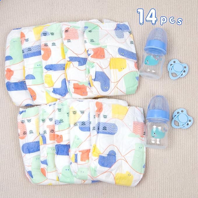 14 Pcs Reborn Baby Doll Accessories Set Fit 17-22 Inch Newborn Baby Doll Paper Diapers Blue Feeding Bottle Magnetic Pacifier Boy Girl