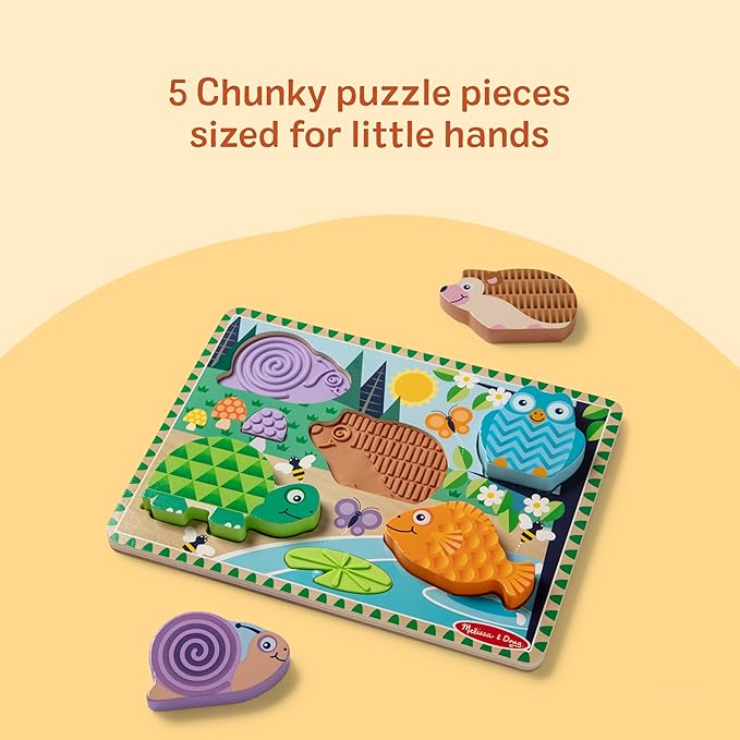 Melissa & Doug Forest Friends Touch & Feel Wooden Puzzle, 5-Piece Chunky Toddler Puzzles with Animals & Textured Silicone Puzzle Board Inlays, Preschool Toys for Girls & Boys Ages 2 and Up