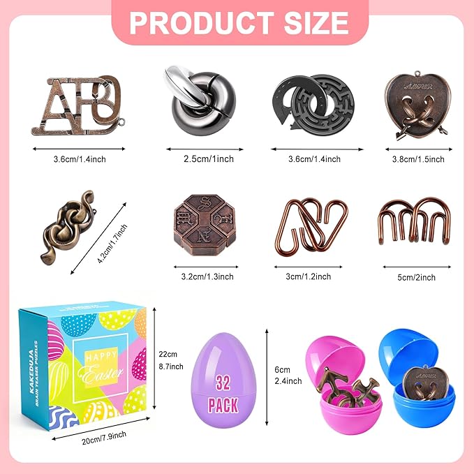 32 Pack Brain Teaser Puzzles & Colorful Easter Eggs - Challenging Metal Wire Puzzles for Kids & Adults - DIY Easter Basket Stuffers, Family Logic Games, Party Favors