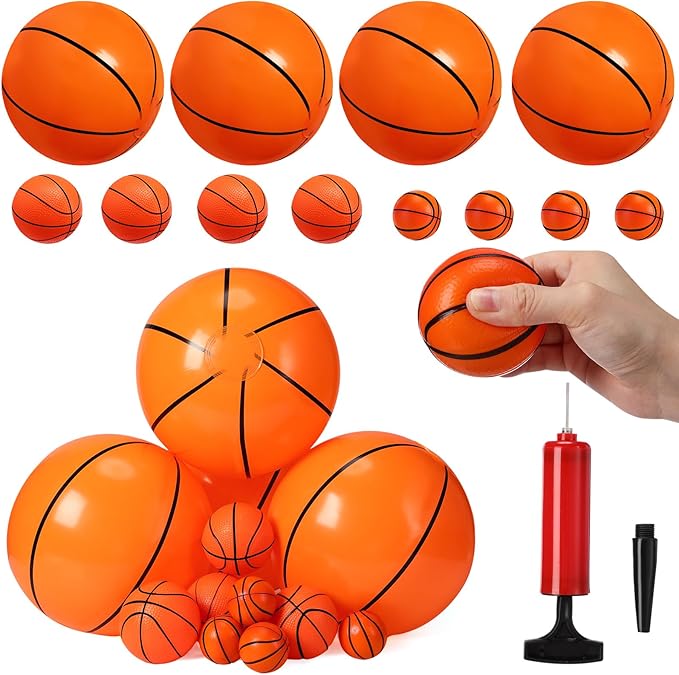 Realspring 13 Pack Basketballs Set Include Inflatable Basketballs 16 Inch, Rubber Sport Ball 4.7 Inch, Small Squeeze Sport Ball for Fun Outdoors and Backyard Pool Basketball Party Favors, Include Pump