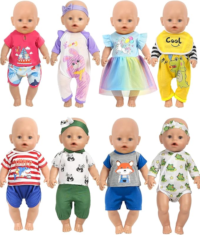 ARTST Baby Doll Clothes, 8 Set 14-16 inch Baby Doll Accessories Outfit Pajamas with Headbands Valentine's Gift for 43cm New Born, 15 inch Bitty,16 inch Boys(NO Doll)