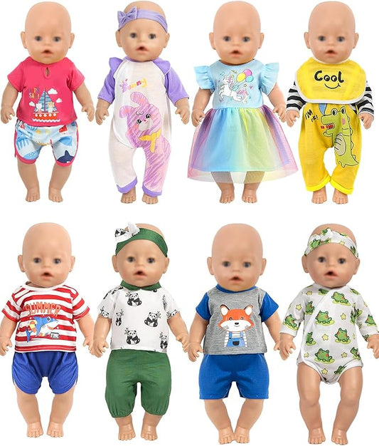 ARTST Baby Doll Clothes, 8 Set 14-16 inch Baby Doll Accessories Outfit Pajamas with Headbands Valentine's Gift for 43cm New Born, 15 inch Bitty,16 inch Boys(NO Doll)