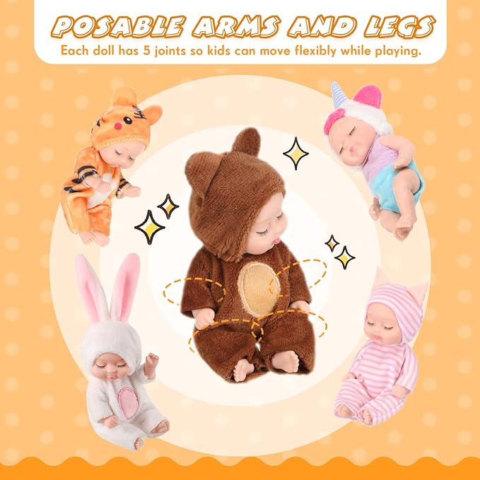 Retrowavy 10 Pcs 4 Inch Mini Baby Dolls Realistic Tiny Baby Doll Animal Clothes Cute Infant Figurine Gifts Set with 10 Pcs Nursing Bottles for Boys Girls Toddlers Kids 3+ Birthday Gift Big Fillers